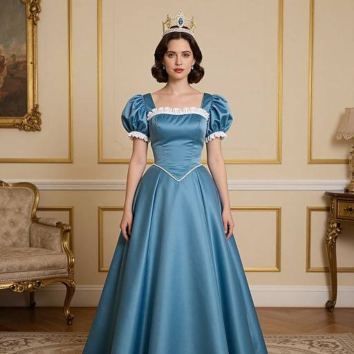 Photograph of a fair-skinned woman with short black hair, wearing a blue satin princess dress, white trim, puffed sleeves, and a gold