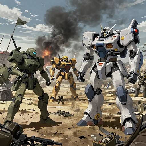 Digital artwork of three mecha robots in a desert battlefield: green, yellow, and white, with black smoke and explosions in the background.