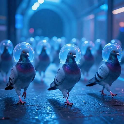 Photograph of four pigeons with glowing, transparent domes on their heads, standing on a wet, blue-lit urban street at night, surrounded