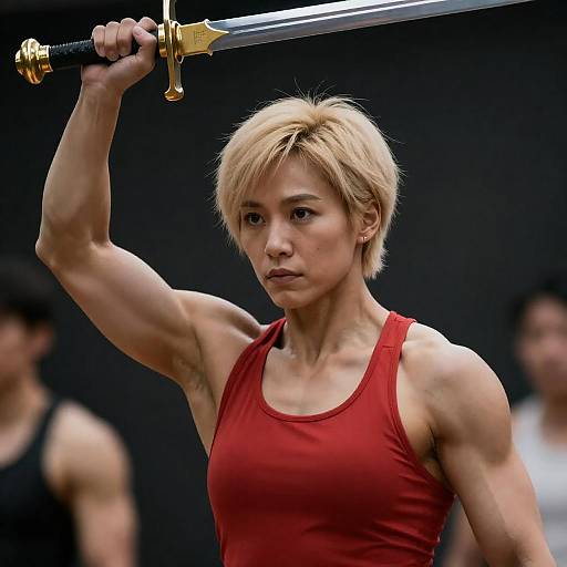Muscular Blonde Woman with Sword Overhead