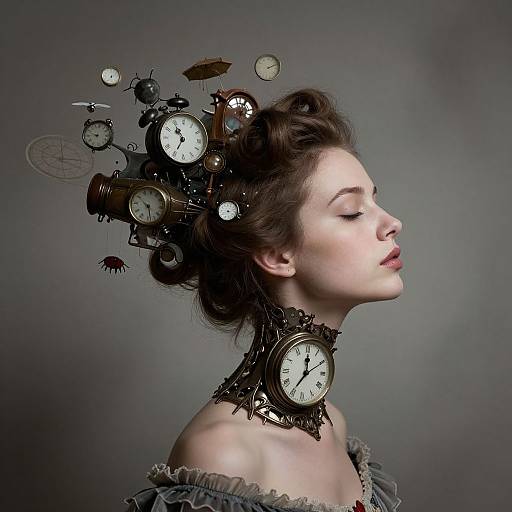 Photograph of a pale-skinned woman with closed eyes, wearing an ornate choker and off-shoulder dress, with clock parts floating from