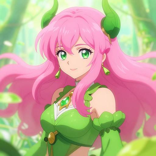 Digital anime-style illustration of a pink-haired, green-eyed, green-dressed female character with horn-like hair accessories, set against a bright, blurred forest