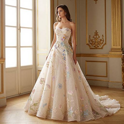 Photograph of a brunette woman in a strapless, floral-embellished, ivory ball gown, standing in an ornate, sunlit room