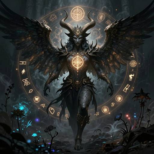 Digital artwork of a dark, demonic figure with large horns, glowing pentagram, and wings, surrounded by magical symbols in a misty forest.