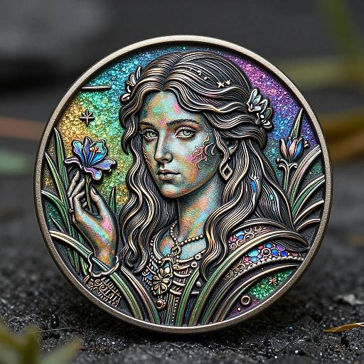 Vibrant, detailed, silver circular pendant featuring a mythical, multicolored, glowing goddess with flowing hair, holding a blue butterfly, surrounded by