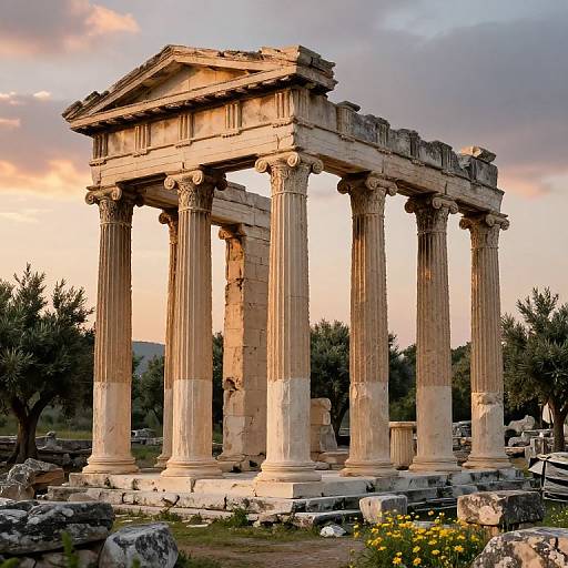 Photograph of a classical Greek temple with six tall, fluted columns, a partially ruined pediment, set against a sunset sky.