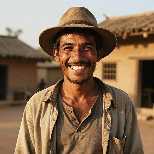 Photograph of a smiling, dark-skinned man with a beard, wearing a brown hat and worn grey shirt, standing in front of rustic, sun