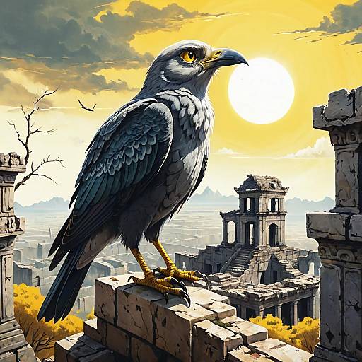 Falcon on Ancient Ruins at Sunset