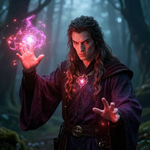 Digital artwork of a long-haired, intense male wizard in dark robes, conjuring a glowing pink magical flame in a misty forest.