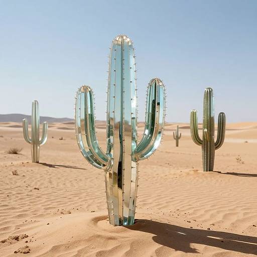 Photorealistic digital rendering of a transparent, turquoise-blue cactus with three arms in a sunlit, sandy desert landscape with other cacti in