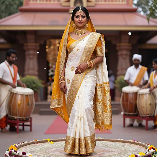 Indian bride in white and gold sari, adorned with jewelry, stands confidently on a decorated stage, with drummers in background. Photograph.