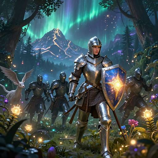Fantasy illustration of a armored knight with glowing shield and sword, standing in enchanted forest under northern lights, with winged creature and glowing flowers. Mountain