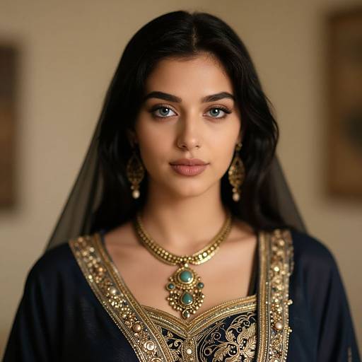 Photograph of a beautiful South Asian woman with long black hair, blue eyes, wearing a black embroidered dress, gold jewelry, and a turquoise necklace,