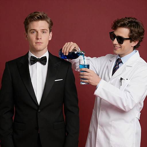 Formal Attire Contrast: Tuxedo vs Lab Coat