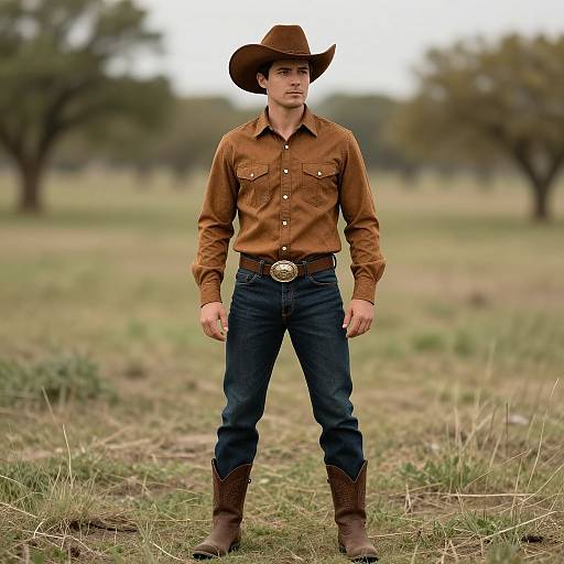 Photograph of a young white man in a brown cowboy hat, long-sleeve brown shirt, blue jeans, brown boots, standing in a grass