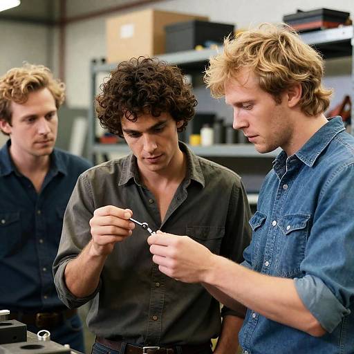 Men Observing Tools in Workshop Setting