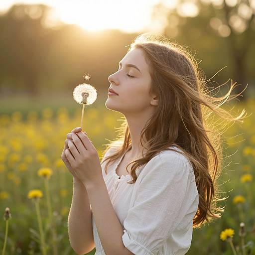 Young woman with long brown hair, closed eyes, white blouse, holding dandelion puff, standing in sunlit field of yellow flowers.