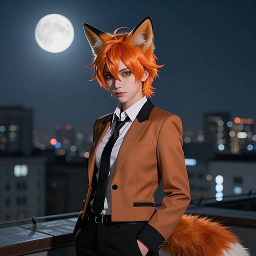 Photorealistic CGI of an orange-haired fox-eared anime character in a brown suit, black tie, standing on a rooftop at night with a full