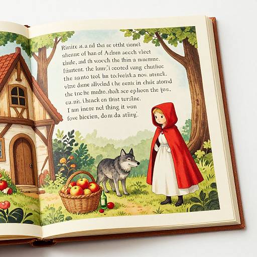 Illustration of Little Red Riding Hood story, featuring a girl in a red hood, standing beside a wolf, next to a cottage and apple basket,