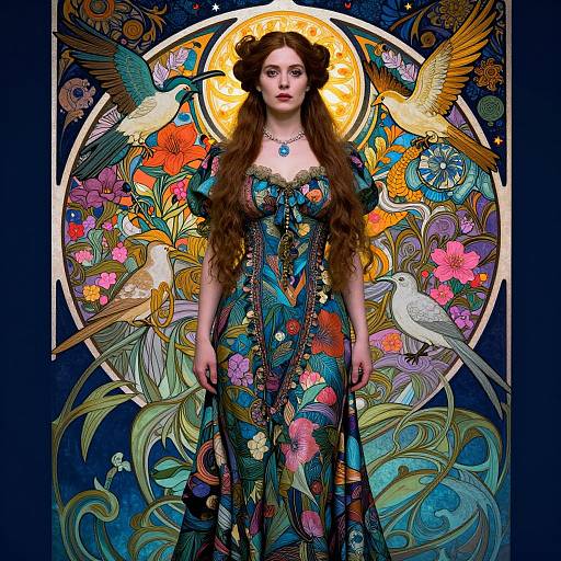 Digital art of a pale-skinned woman with long brown hair in a floral dress, surrounded by vibrant birds and flowers, against a glowing circular sun background