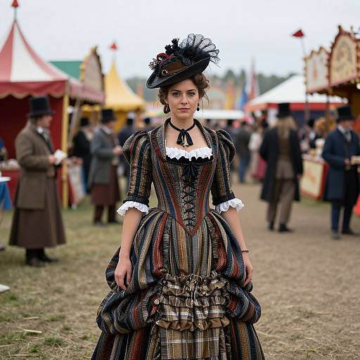 Photograph of a Victorian-era woman in a striped, corseted dress with white lace trim, black feathered hat, and plaid skirt,