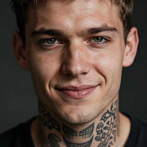 Close-up photograph of a young, white man with short brown hair, green eyes, and multiple neck tattoos, smiling subtly against a dark background.