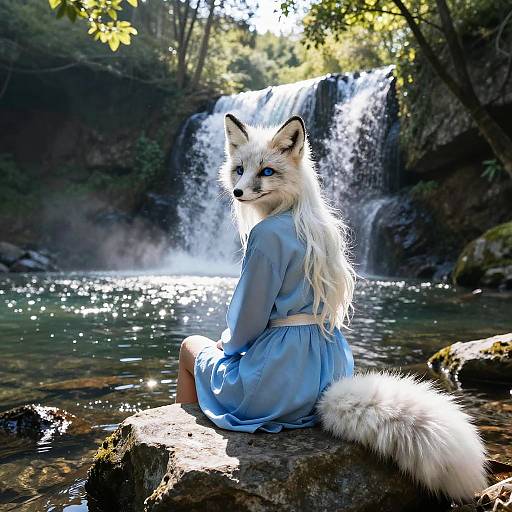 Anthropomorphic Arctic Fox in Blue Dress by Waterfall