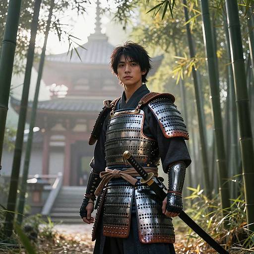 Photograph of a serious Asian man in traditional Japanese samurai armor, standing in a misty bamboo forest with a traditional temple in the background. Sun