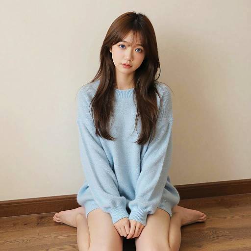 Photograph of an Asian woman with long brown hair, wearing a light blue sweater, sitting on a wooden floor against a white wall, barefoot,