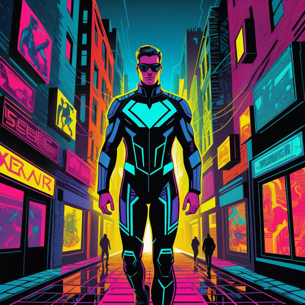 Neon Cyberpunk Superhero in Escher Style