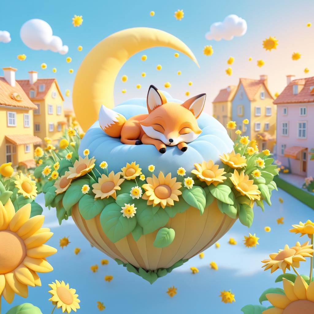 Kawaii Fox on a Cloud Artwork