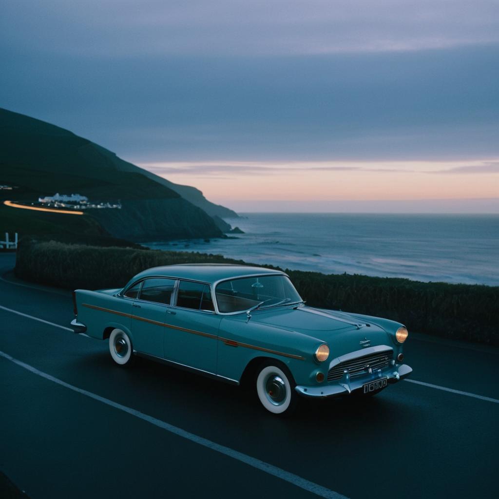 Cinematic Dusk Coastline with Classic Car