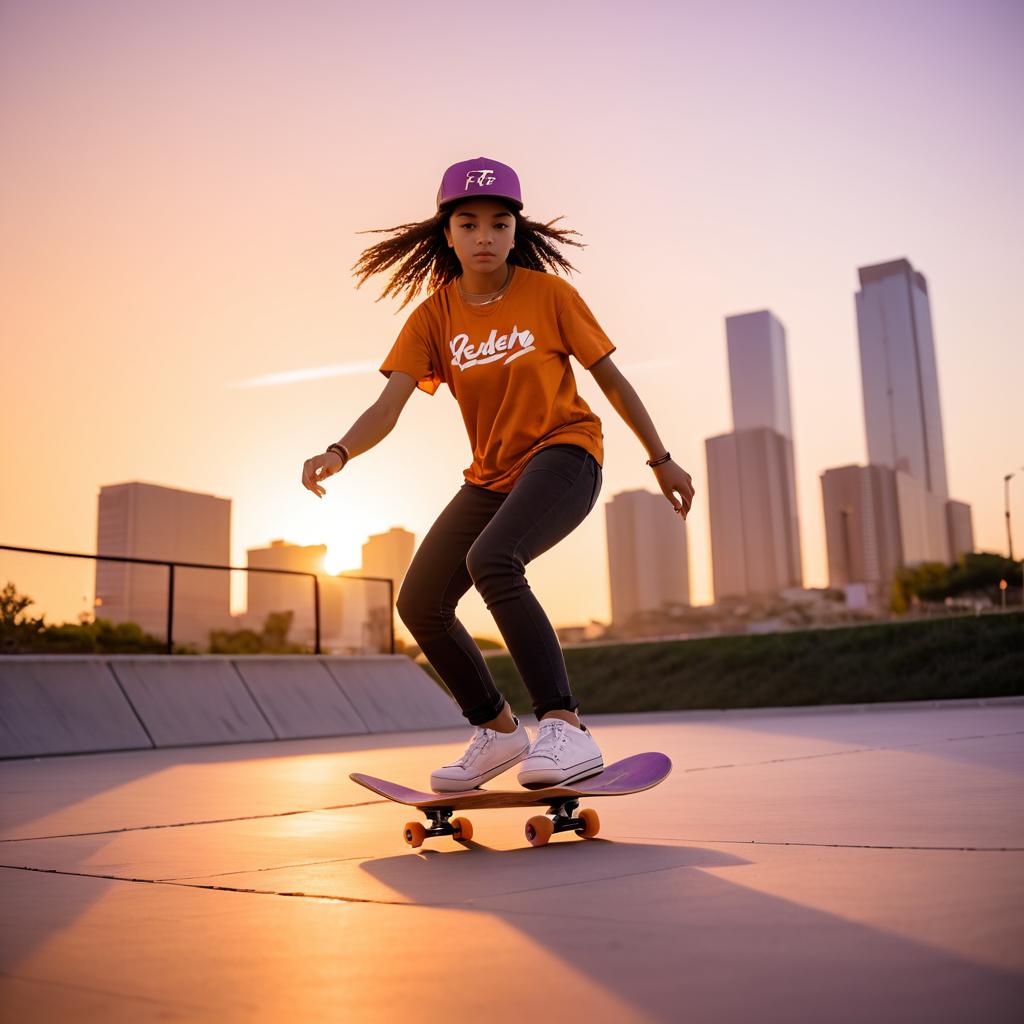 Teen Skateboarder Against Urban Sunset