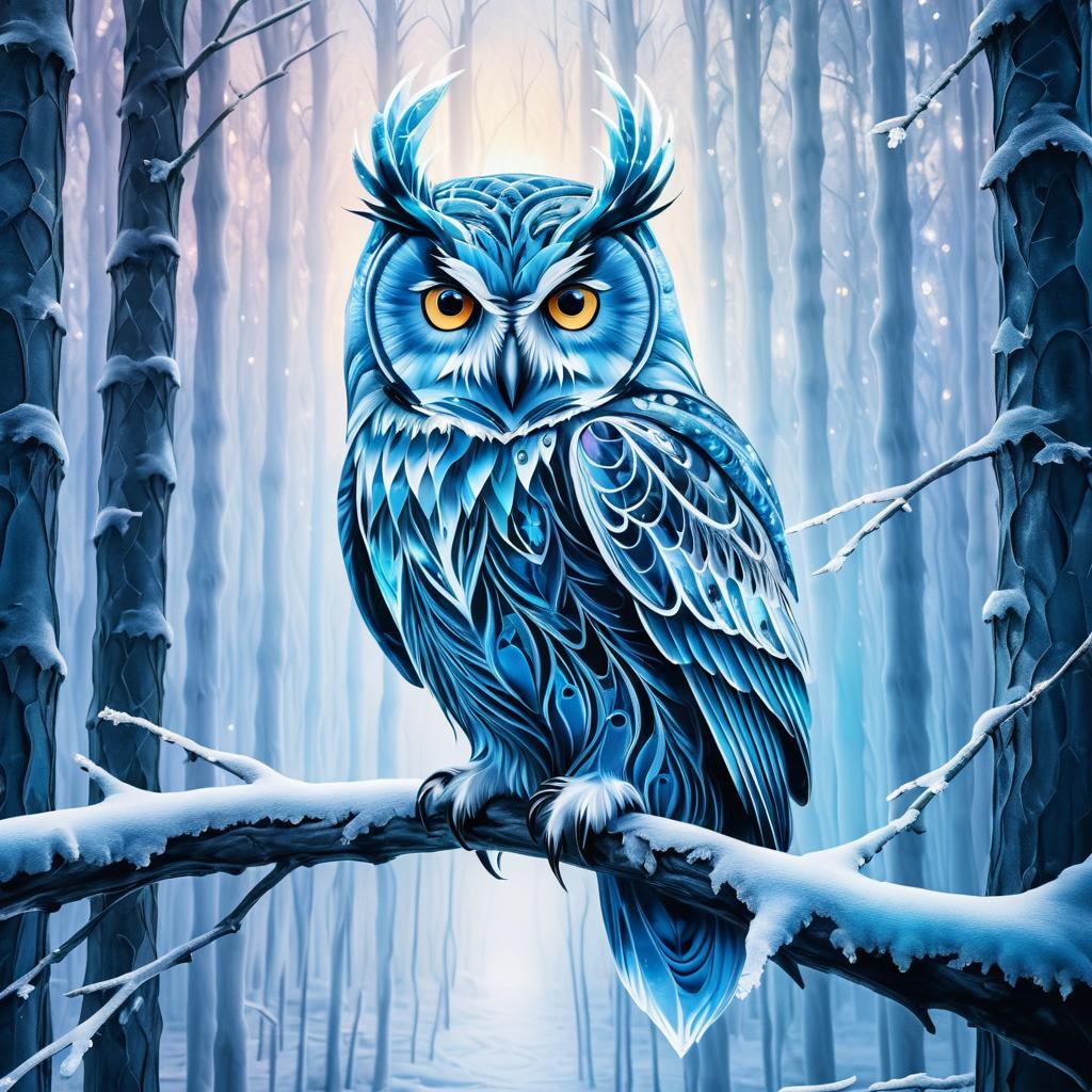 Icy Owl in a Frosty Forest Scene