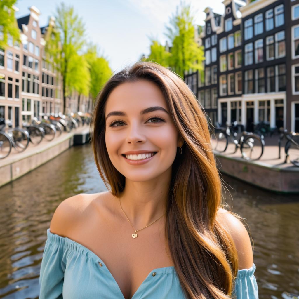 Joyful Woman Reflecting by Amsterdam Canal