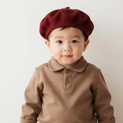 Photograph of a cute Asian baby with fair skin, wearing a red beret and brown polo shirt, standing against a white background.