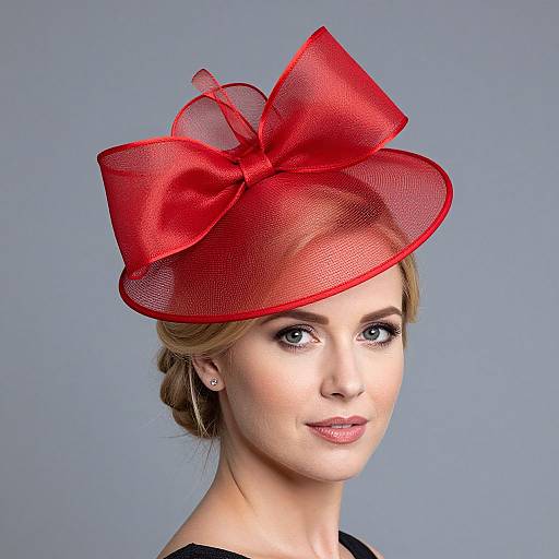 Photograph of a fair-skinned woman with blue eyes, wearing a large, red, sheer fascinator hat with a bow, against a gray background