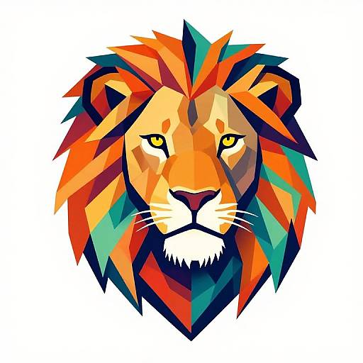Geometric, digital illustration of a lion's head featuring vibrant, angular, multicolored fur in shades of orange, red, teal, and black