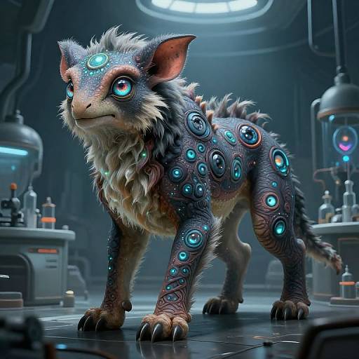 CGI digital artwork of a futuristic, furry, blue-eyed creature with glowing circular patterns on its body, standing in a sci-fi lab with illuminated equipment