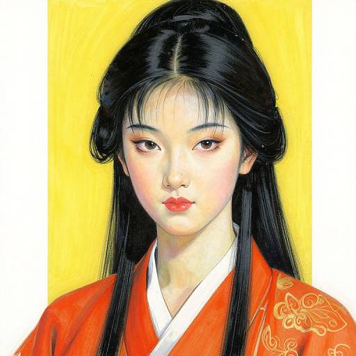 Digital portrait of a young Asian woman with long black hair, red lips, and a red kimono against a yellow background.