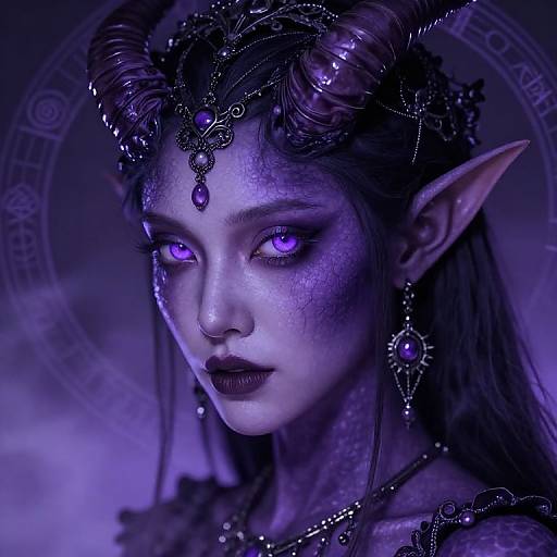 Digital artwork of a purple-hued, glowing-eyed, dark-skinned elf woman with intricate jewelry, pointed ears, and curled horns, set against a