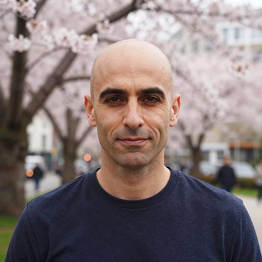 Photograph of bald, middle-aged man with dark eyebrows, light skin, wearing dark navy shirt, standing in front of blooming cherry trees.