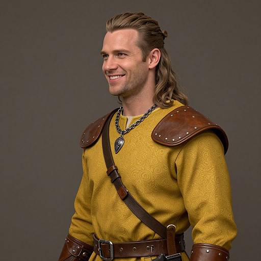 Photograph of a smiling, brown-haired man with long ponytail, wearing a yellow, patterned shirt, leather shoulder armor, and necklace, against