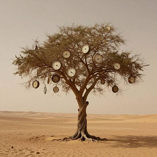 Photograph of a solitary acacia tree in a desert, adorned with numerous hanging clocks, casting shadows on sandy dunes under a clear sky.