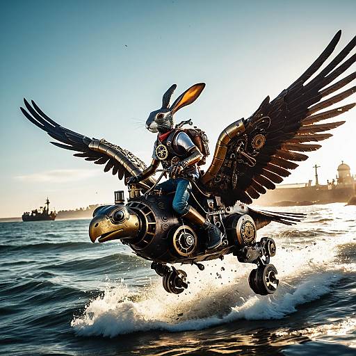 Steampunk Rabbit Riding Mechanical Hawk Over Ocean