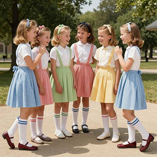 Photograph of five young girls in white shirts and colorful checkered dresses, standing and laughing on a sunny park path.