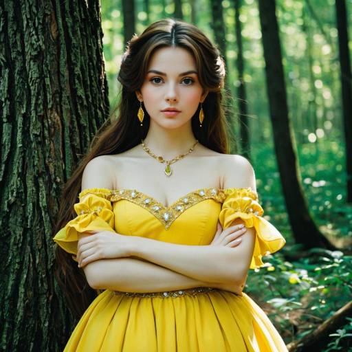 Woman in Yellow Off-Shoulder Dress in Forest