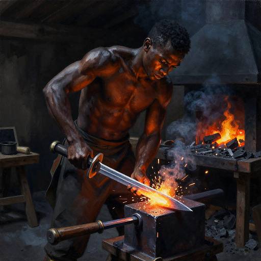 Charcoal Painting of Blacksmith Forging Sword