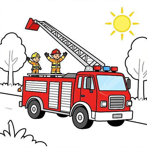 Colorful cartoon of two cheerful firefighters in yellow and red gear, waving from a red fire truck with a ladder, against a sunny background with trees.