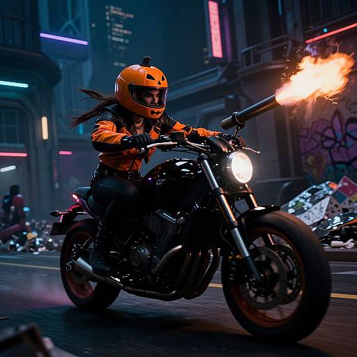 Nighttime city scene: Motorcyclist in orange helmet and jacket, black leather, fires front wheel in neon-lit urban alley. Dynamic, action